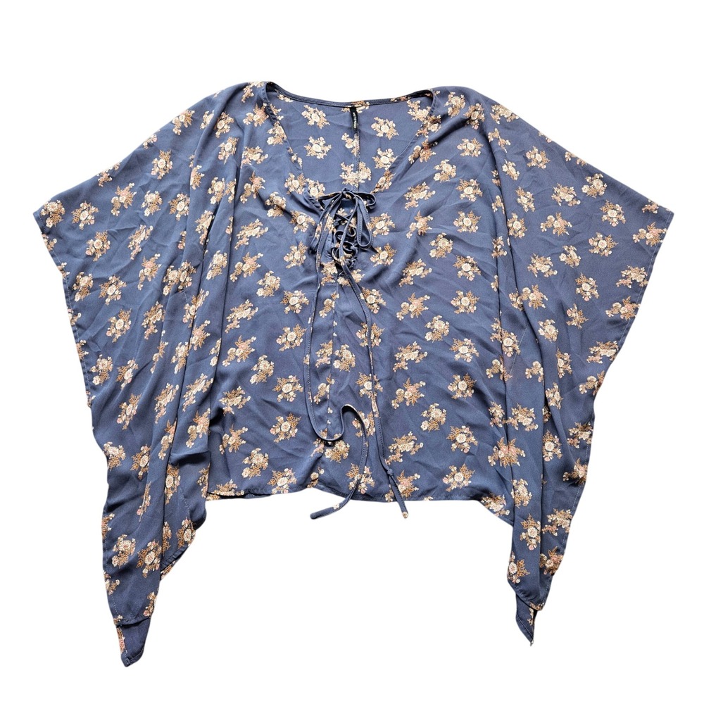 Smell the Roses Blue Floral Lace Up Poncho Top Handkerchief Hem Boho S/M